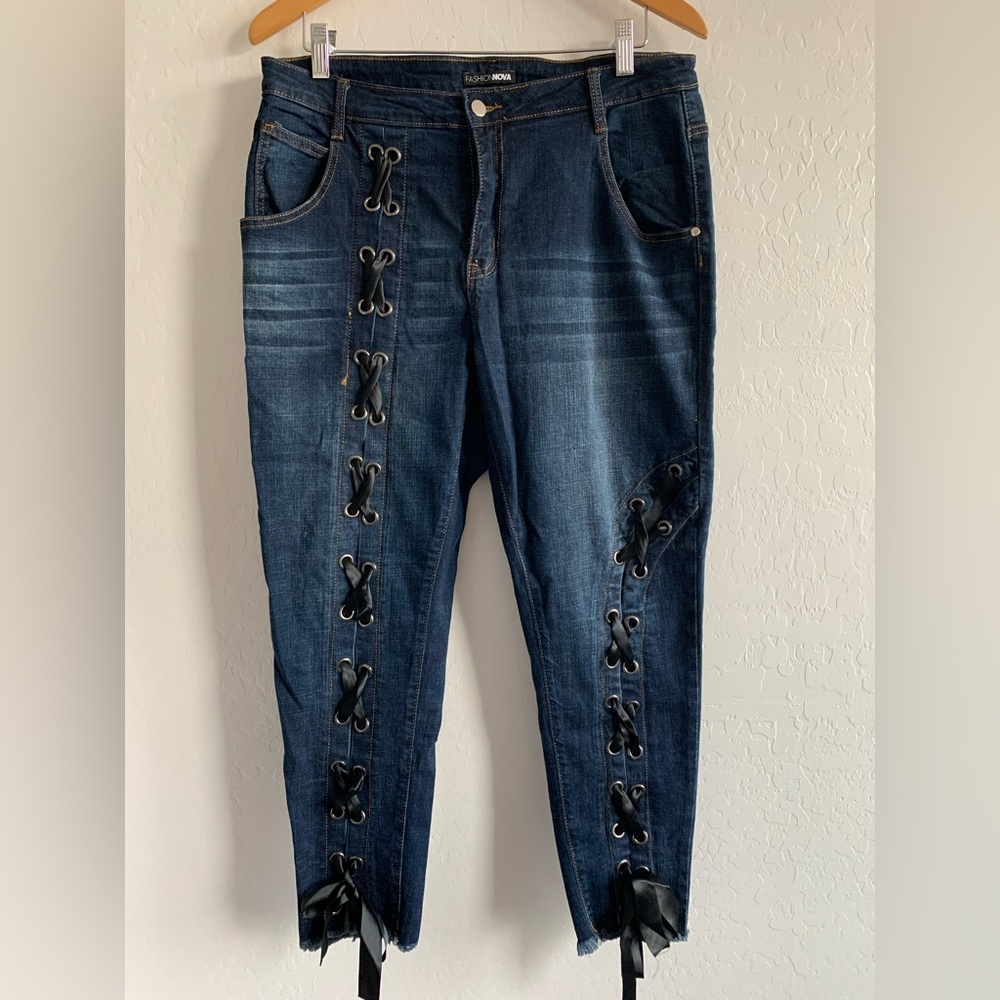 Fashion Nova Dark Blue Lace-Up Cropped Jeans